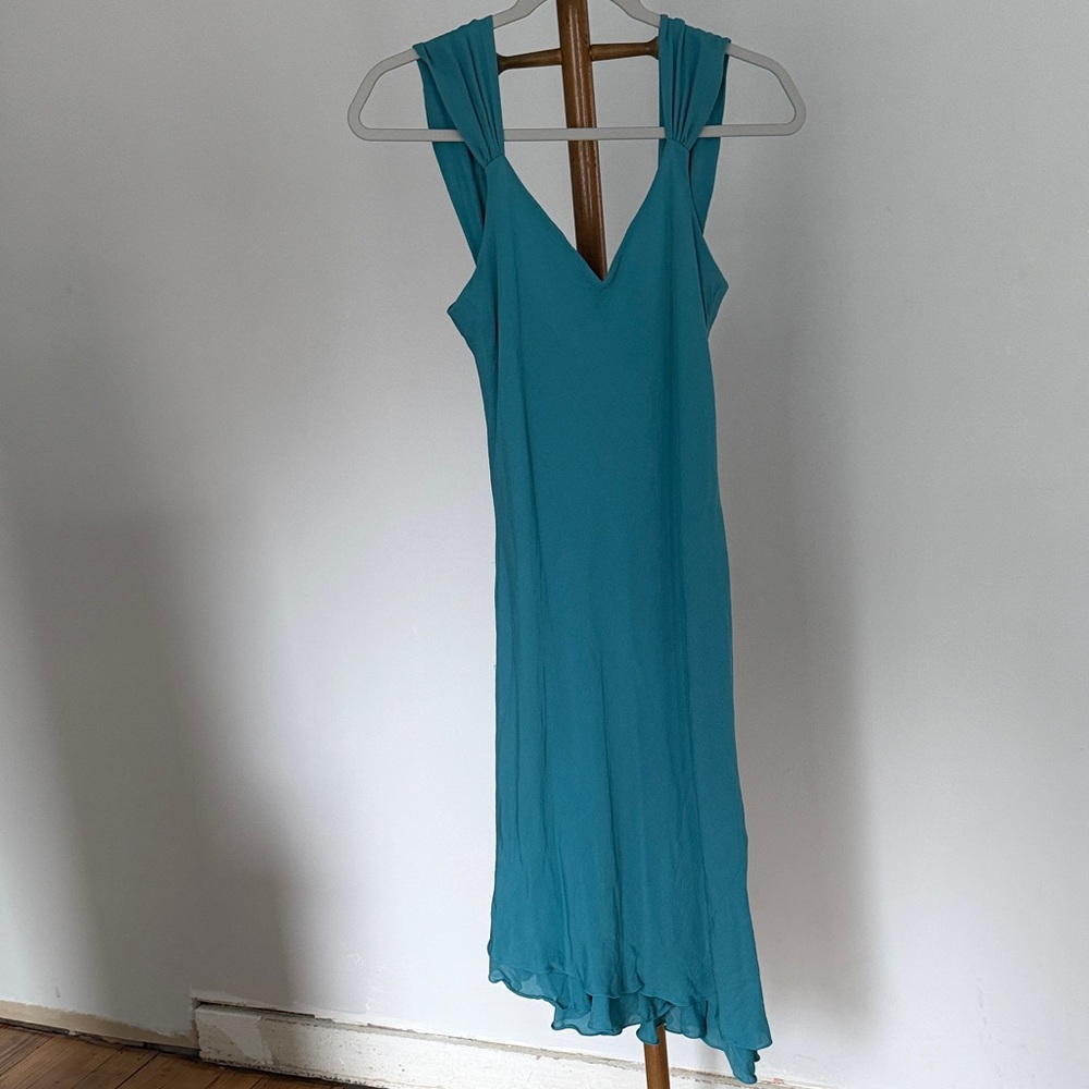 Jones New York Silk Teal Blue Sleeveless Midi Dress Asymmetrical Ruffle Hem